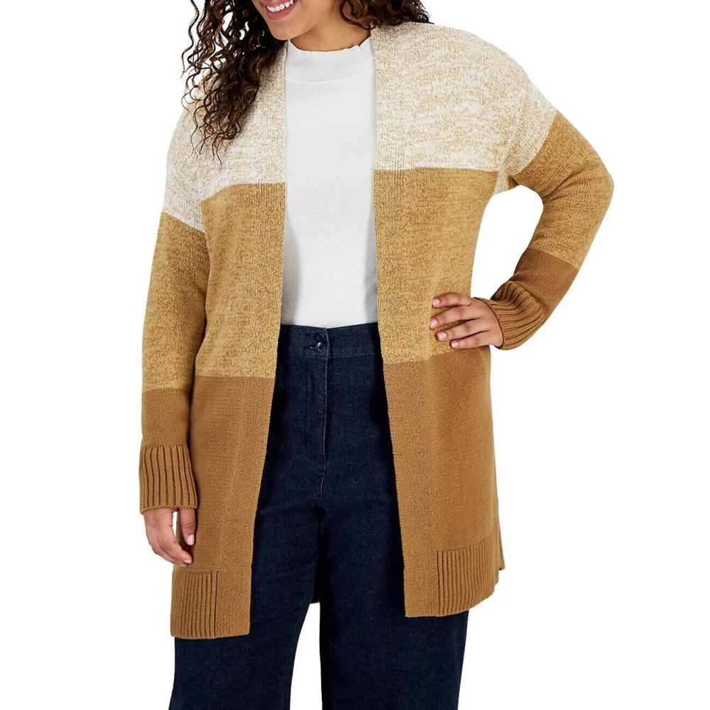 Karen Scott Plus Open-Front Colourblocked Cardigan 2X